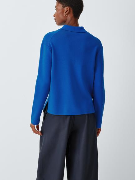 John Lewis Merino Wool Rich Button Neck Polo Jumper, Cobalt - view 2, Cobalt