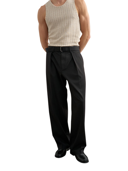 Topman Wide Leg Belted Trousers, Black, Black