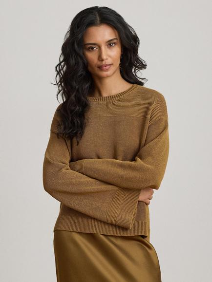 Lauren Ralph Lauren Textured Yoke Cotton Blend Knit Jumper, Tobacco Bronze, Tobacco Bronze