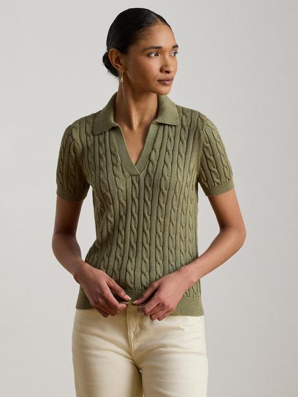 Lauren Ralph Lauren Short Sleeve Open Collar Cable Knit Cotton Blend Jumper, Light Agave