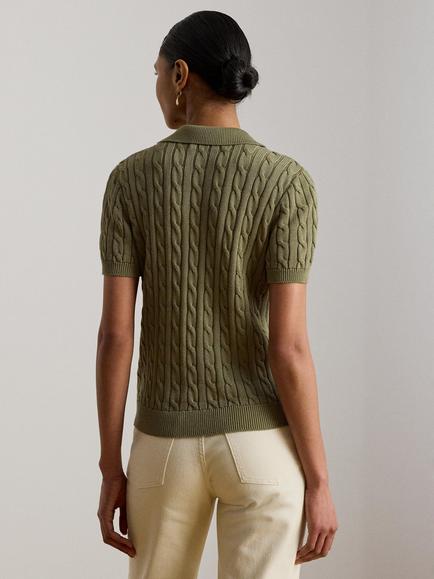 Lauren Ralph Lauren Short Sleeve Open Collar Cable Knit Cotton Blend Jumper - view 2, Light Agave