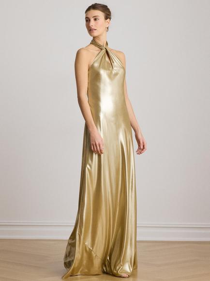 Lauren Ralph Lauren Halterneck Maxi Dress, Tan/Light Gold Foil, Tan/Light Gold Foil