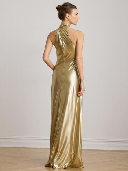 Lauren Ralph Lauren Halterneck Maxi Dress, Tan/Light Gold Foil - view 2, Tan/Light Gold Foil