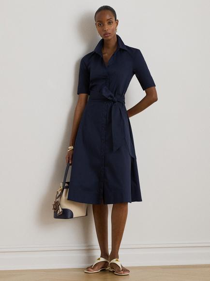 Lauren Ralph Lauren Short Sleeve Tie Belt Cotton Blend Shirt Dress, Lauren Navy, Lauren Navy