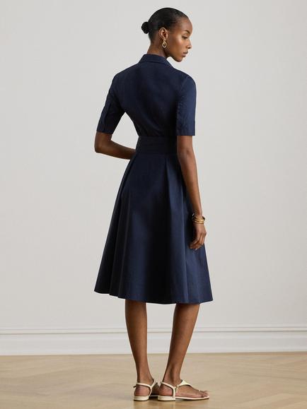 Lauren Ralph Lauren Short Sleeve Tie Belt Cotton Blend Shirt Dress, Lauren Navy - view 2, Lauren Navy