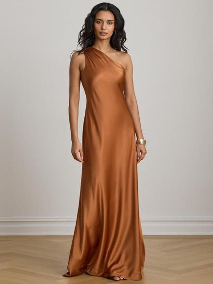 Lauren Ralph Lauren One Shoulder Sateen Maxi Dress, Red Terracotta, Red Terracotta