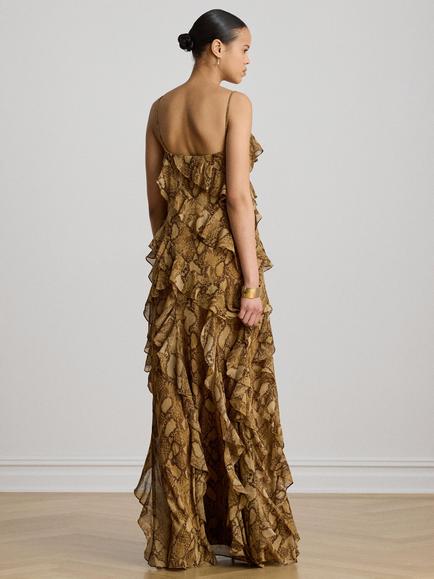 Lauren Ralph Lauren Sleeveless Snake Print Ruffle Maxi Dress, Tan/Multi - view 2, Tan Multi