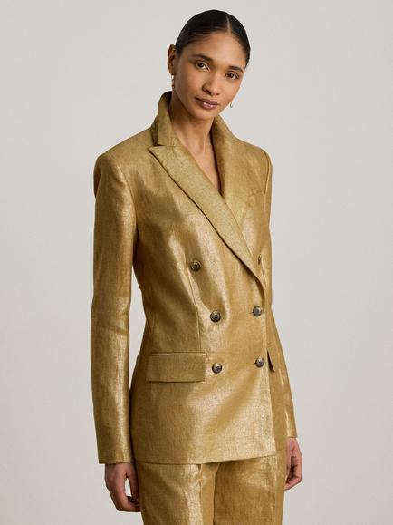 Lauren Ralph Lauren Double Breasted Linen Blazer, Brown/Gold Foil, Brown/Gold Foil