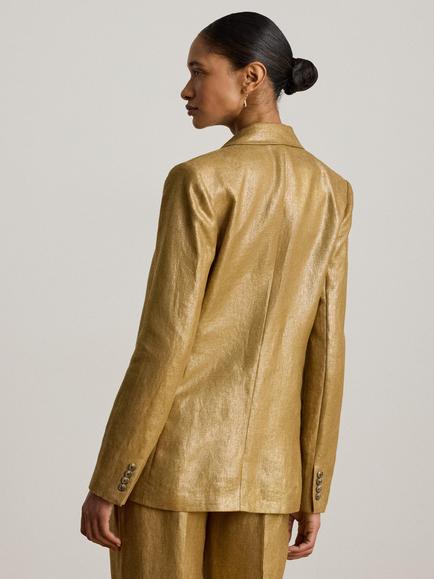 Lauren Ralph Lauren Double Breasted Linen Blazer, Brown/Gold Foil - view 2, Brown/Gold Foil