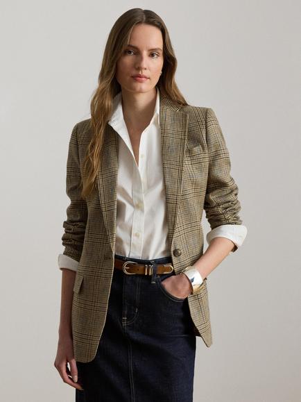 Lauren Ralph Lauren Glen Check Single Breasted Linen Blazer, Tan/Black Multi, Tan/Black Multi