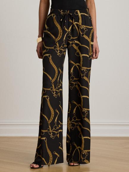 Lauren Ralph Lauren Equestrian Print Wide Leg Trousers, Black/Tan, Black/Tan