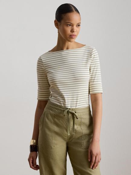 Lauren Ralph Lauren Striped Cotton Blend Knit T-Shirt, Mas Cream La, Mas Cream La
