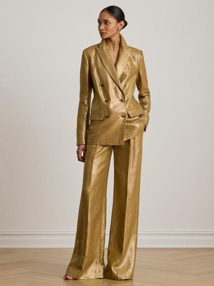 Lauren Ralph Lauren Foiled Linen Wide Leg Trousers, Brown/Gold Foil, Brown/Gold Foil