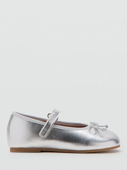 Mango Kids' Mary Jane Bow Detail Ballet Flat Shoes, Silver