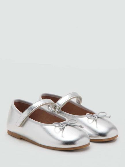Mango Kids' Mary Jane Bow Detail Ballet Flat Shoes - view 2, Silver