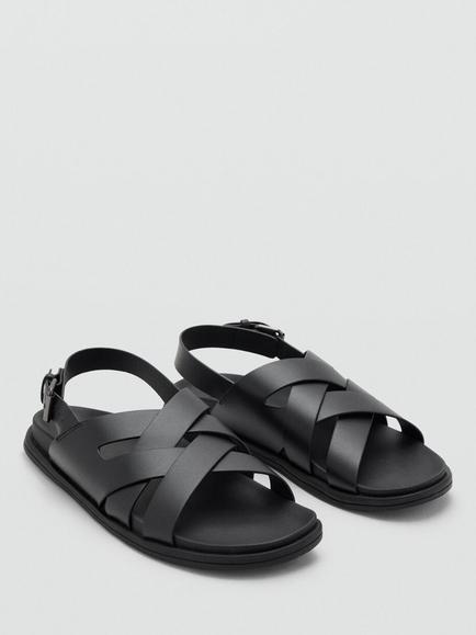 Mango Leather Crossover Strap Cushioned Footbed Sandals, Black - view 2, Black