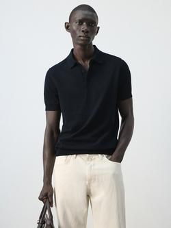 Mango Cotton Regular Fit Fine Knit Polo Shirt, Midnight Blue