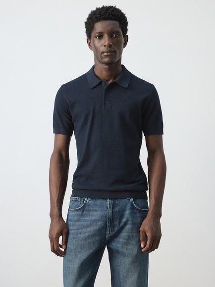 Mango Fine Knit Polo Shirt, Navy, Navy