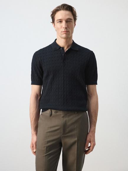 Mango Cotton Regular Fit Short Sleeve Knit Polo Shirt, Midnight Blue