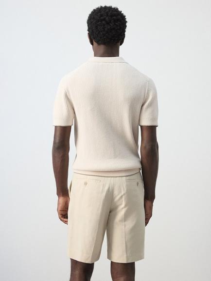 Mango Short Sleeve Ribbed Knit Cotton Polo Shirt, Sand - view 2, Sand