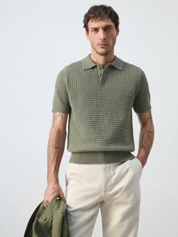 Mango Short Sleeve Textured Knit Polo Shirt, Moss, Moss