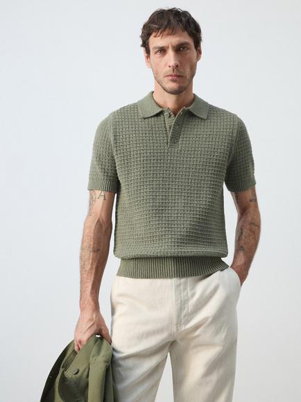Mango Short Sleeve Textured Knit Polo Shirt, Moss, Moss