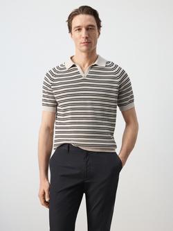 Mango Short Sleeve Striped Knit Cotton Polo Shirt, Beige, Beige
