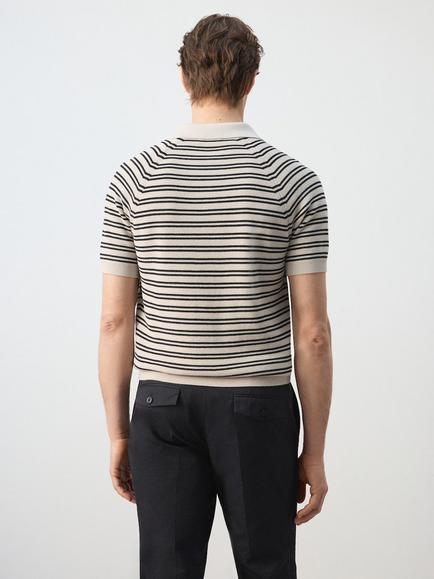 Mango Short Sleeve Striped Knit Cotton Polo Shirt, Beige - view 2, Beige