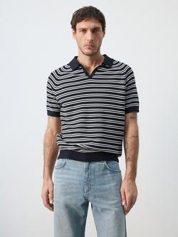 Mango Short Sleeve Striped Knit Cotton Polo Shirt, Navy, Navy
