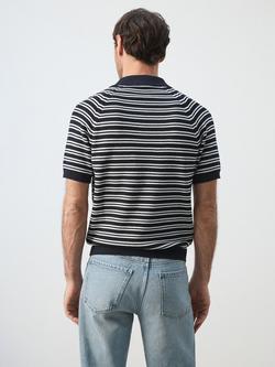 Mango Short Sleeve Striped Knit Cotton Polo Shirt, Navy - view 2, Navy