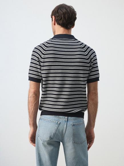 Mango Short Sleeve Striped Knit Cotton Polo Shirt, Navy - view 2, Navy
