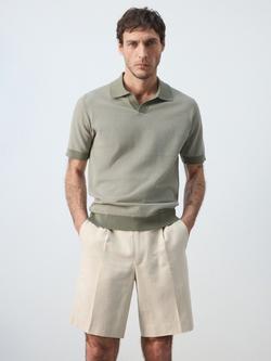 Mango Colour Weave Short Sleeve Regular Fit Cotton Polo Shirt, Moss