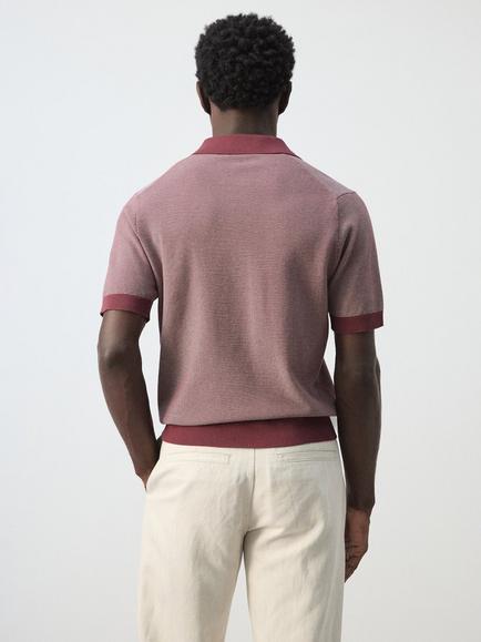 Mango Colour Weave Short Sleeve Regular Fit Cotton Polo Shirt - view 2, Damson