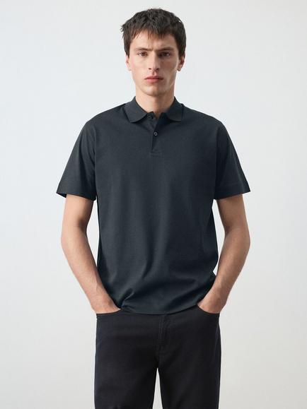 Mango Two Button Collar Regular Fit Cotton Polo Shirt, Navy, Navy