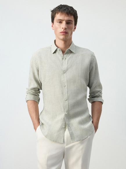Mango Washed Stripe Regular Fit Long Sleeve Cotton Shirt, Khaki, Khaki