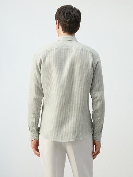 Mango Washed Stripe Regular Fit Long Sleeve Cotton Shirt, Khaki - view 2, Khaki