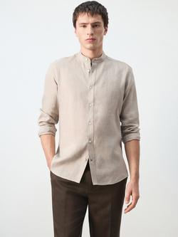 Mango Linen Regular Fit Grandad Collar Shirt, Sand, Sand