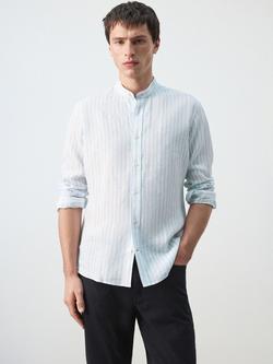 Mango Linen Regular Fit Stripe Grandad Collar Shirt, Sky Blue, Sky Blue
