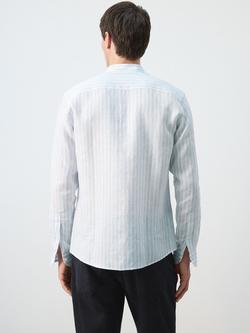 Mango Linen Regular Fit Stripe Grandad Collar Shirt, Sky Blue - view 2, Sky Blue
