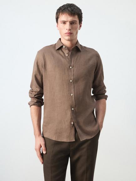 Mango Linen Regular Fit  Shirt, Chocolate, Chocolate