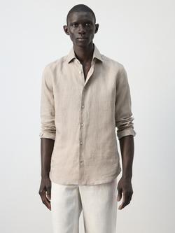 Mango Linen Slim Fit Shirt, Sand
