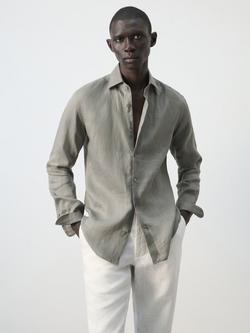 Mango Linen Slim Fit Shirt, Taupe