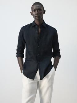 Mango Linen Slim Fit Shirt, Navy