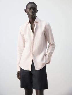 Mango Striped Linen Regular Fit Shirt, Peach, Peach