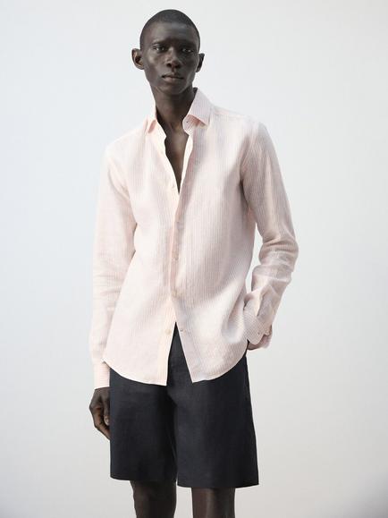 Mango Striped Linen Regular Fit Shirt, Peach, Peach