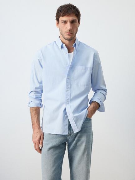 Mango Striped Regular Fit Long Sleeve Cotton Shirt, Sky Blue, Sky Blue