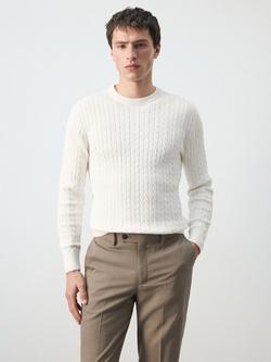 Mango Textured Fine Cable Knit Cotton Jumper, Off White, Off White