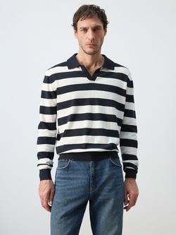 Mango Striped Collar Neck Cotton Knit Jumper, Navy, Navy