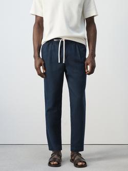 Mango Tapered Linen Cotton Blend Ankle Grazer Trousers, Navy