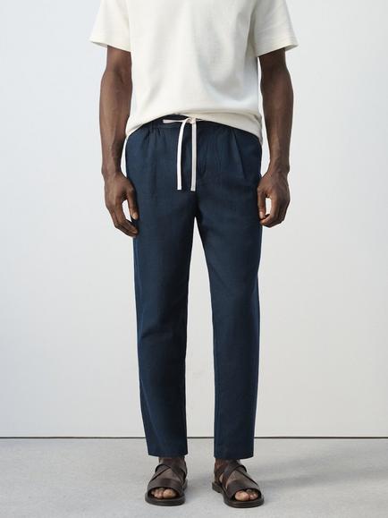 Mango Tapered Linen Cotton Blend Ankle Grazer Trousers, Navy
